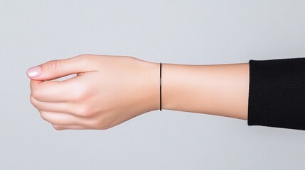 Minimalistic close-up of a woman’s wrist wearing a thin bracelet, neutral grey background, elegant and modern fashion accessory design, concept of simplicity and style

