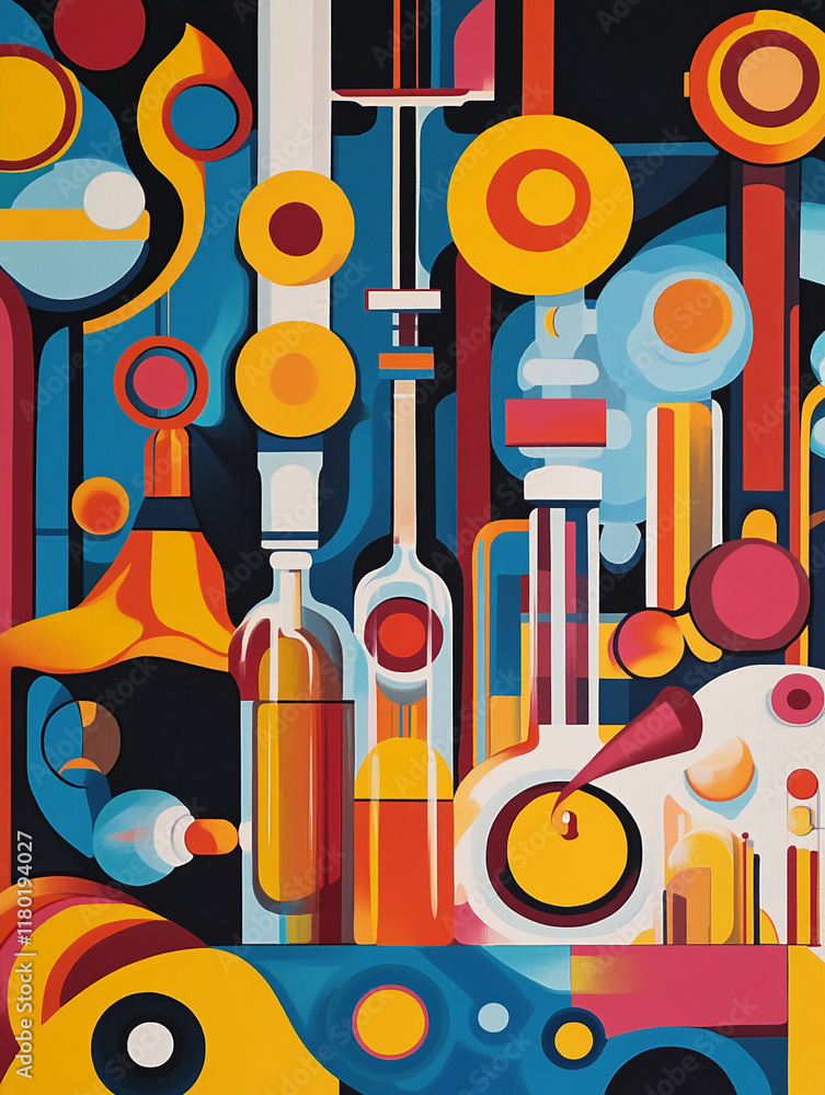 Poster abstract colorful geometric art with laboratory and scientific elements