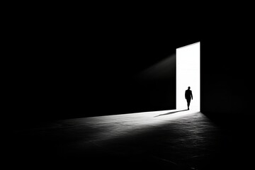 Man walks towards the light in dark empty space. Light at the end of the tunnel concept                   