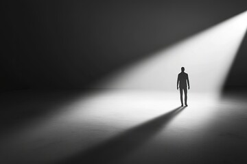 Man walks towards the light in dark empty space. Light at the end of the tunnel concept                   