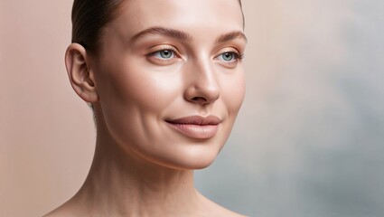 Naklejka premium Skinminimalism portrait of a smiling woman with glowing dewy skin