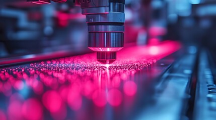 close-up of a laser cutting machine in operation, with a focused beam of light interacting with the material.