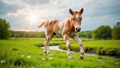Fototapeta premium Playful foal trotting through green meadow at sunset