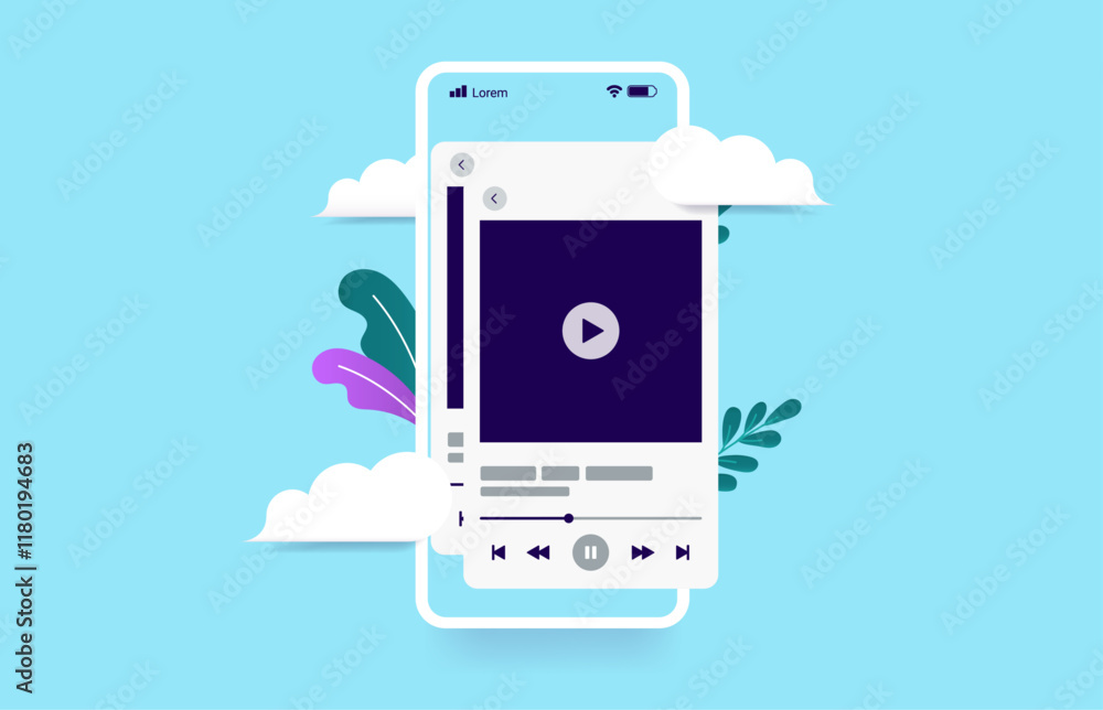 Poster music streaming on phone - mobile smartphone with podcast, audio or audiobook stream popping out of 