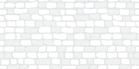 Brick wall seamless pattern, light tile texture, white and gray stone background. Path calm repeat wallpaper, geometric modern element print. Cartoon rock block design. Abstract vector illustration