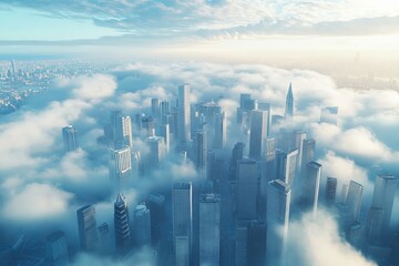 Fototapeta premium Modern city and cloud computing concept. Software as a Service. Wide angle visual for banners or advertisements.