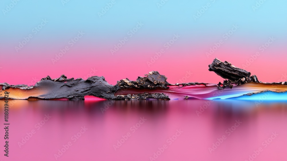 Poster vibrant abstract landscape with multicolored gradient sky and dynamic shapes