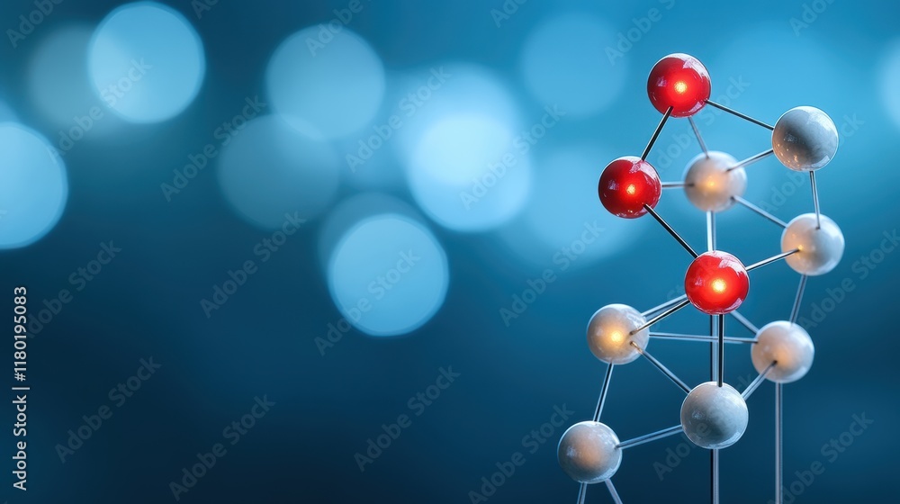 Poster molecular structure of water molecule with highlighted bonds and atoms against blue bokeh background