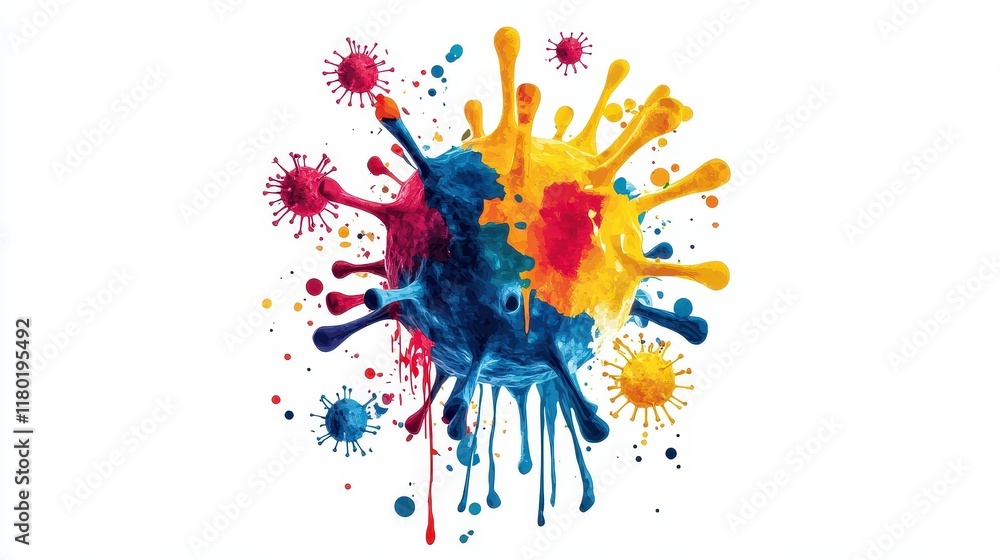Poster design with the slogan Flatten the Curve surrounded by stylized colorful depiction of Human metapneumovirus Virus hmpv particles