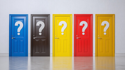 Five doors of different colors with question mark sign symbol isolated on white background. business confusion and choice, search for exit or answer, secret room.
