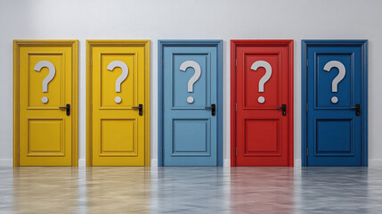 Five doors of different colors with question mark sign symbol isolated on white background. business confusion and choice, search for exit or answer, secret room.