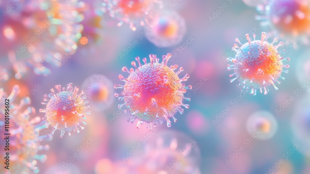 Poster closeup of hmpv particles with vibrant semitransparent spikes floating in misty bioluminescent envir