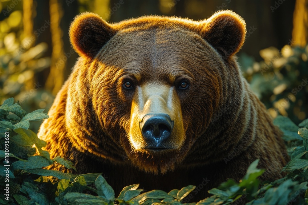 Poster a large brown bear sits in the middle of a dense forest, surrounded by trees and underbrush