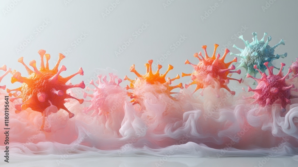 Poster closeup of hmpv particles with vibrant semitransparent spikes floating in misty bioluminescent envir