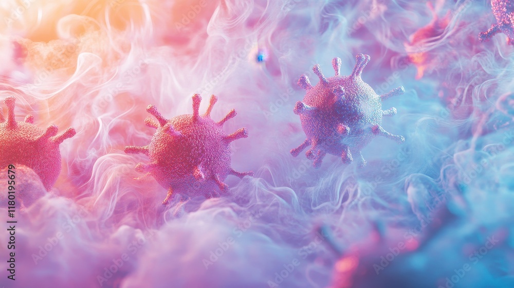 Poster closeup of hmpv particles with vibrant semitransparent spikes floating in misty bioluminescent environment resembling microscopic world