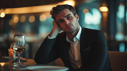 Sad unhappy young handsome man in elegant suit sitting alone at a luxury restaurant table. lonely, depressed, relationship problem sitting worried, waiting on a date, breakup, marriage, breakup.