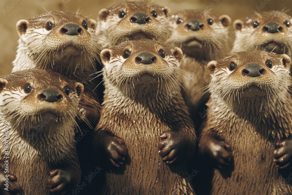 Poster group of otters standing together, possibly socializing or waiting for food