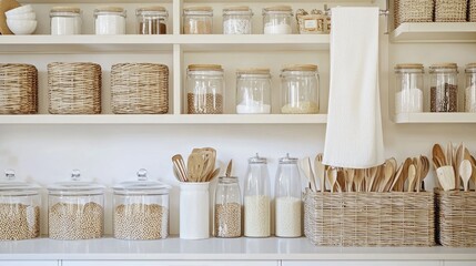 Organized kitchen shelves with jars and utensils for food storage.