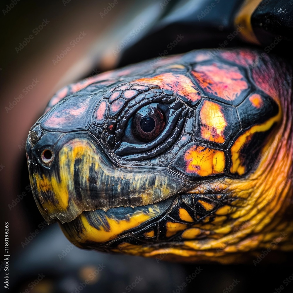 Poster a close-up photo of a turtle's face with blurred background