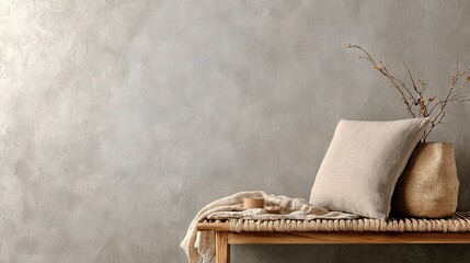   Wooden table with pillows and vase on bench