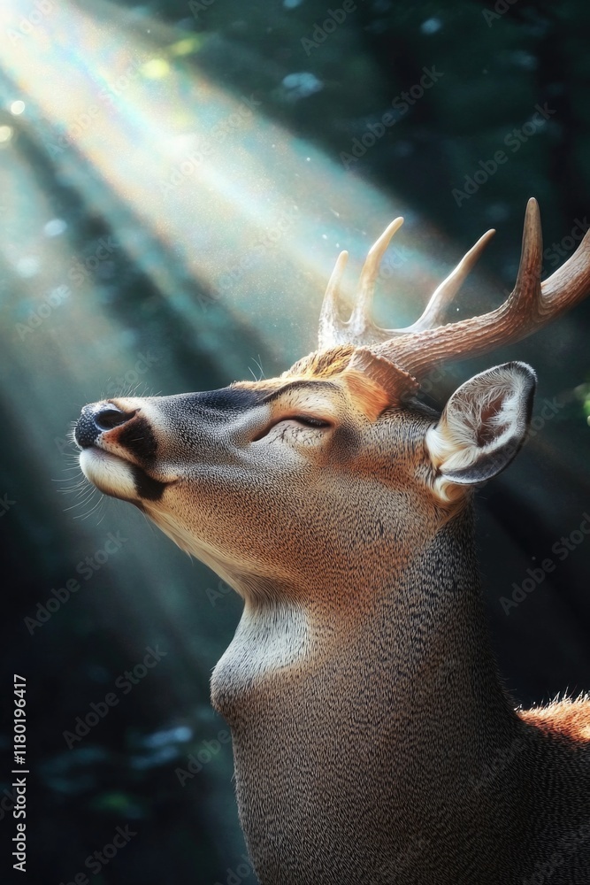 Poster a close-up shot of a deer's head with warm sunlight filtering through the trees