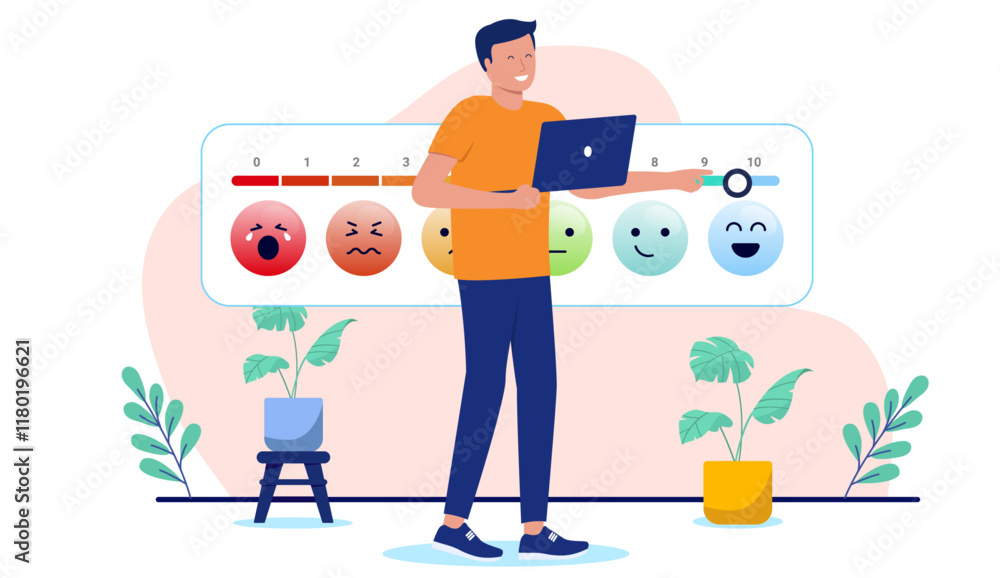 Poster customer satisfaction - man person in looking at company ratings and feedback showing top rating and