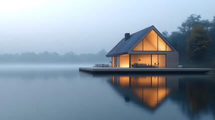 Fototapeta premium Stylish Minimalistic Wooden House in Scandinavian Architecture with Warm Glow Surrounded by Fog on the Calm Waterfront
