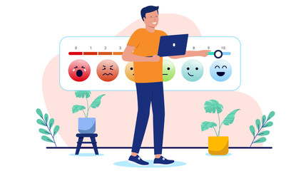 Customer satisfaction - Man person in looking at company ratings and feedback showing top rating and satisfied users and customers. Flat design vector illustration with white background