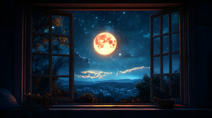 Obraz premium An Enchanting Panoramic View of a Starry Night Sky Framed by a Beautiful Window with Sparkling Stars and a Bright Moon