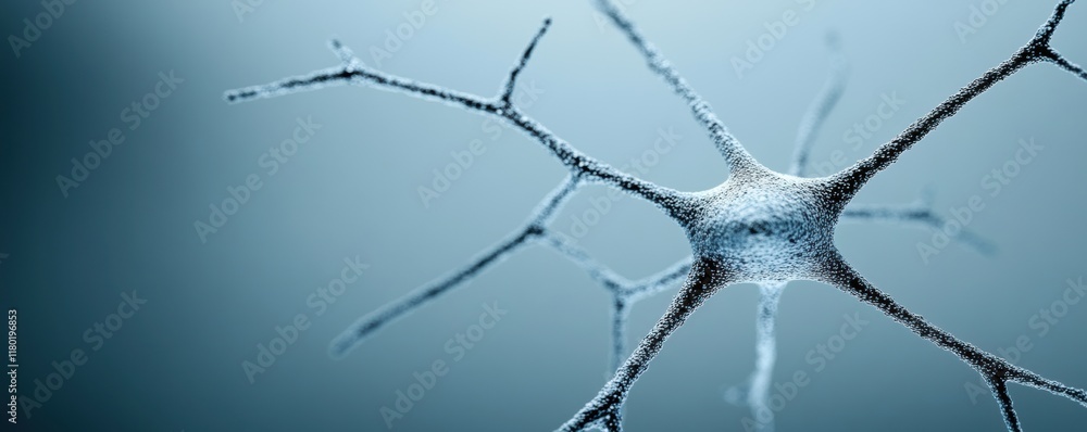 Poster close-up of a single neuron with branching dendrites on blue background