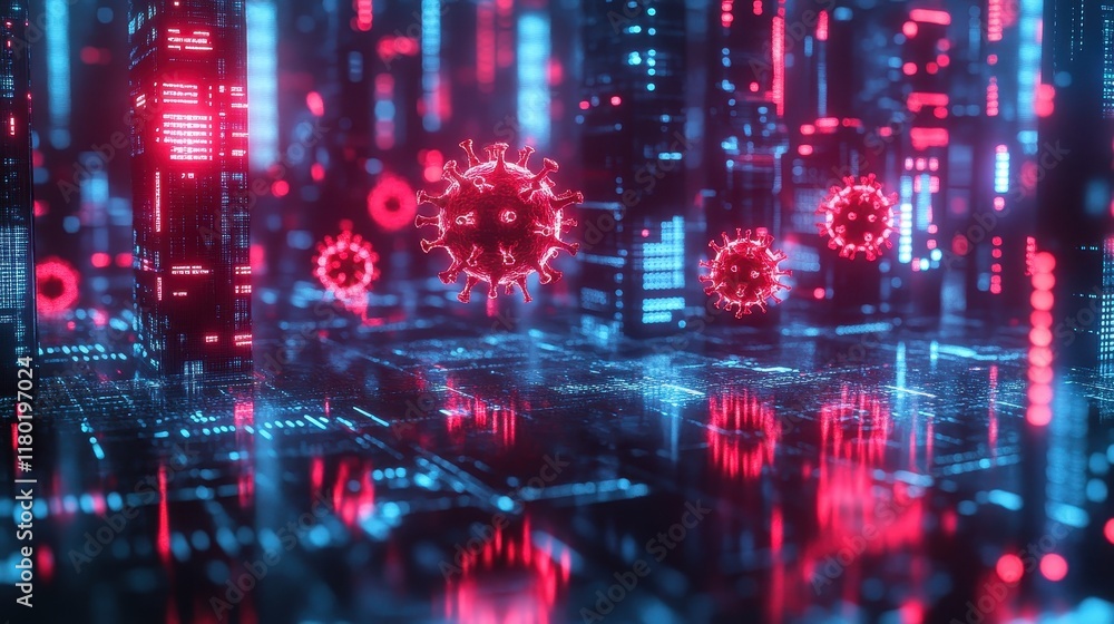 Aufkleber futuristic digital grid overlaid with human metapneumovirus virus hmpv particles glowing in neon red