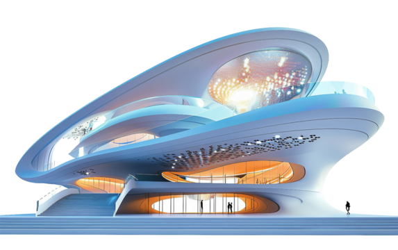 A Futuristic Concert Hall with Holographic Light Show and Advanced Technology Isolated on Transparent Background PNG