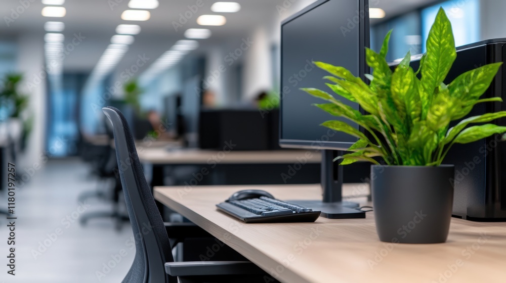 Poster modern office workspace with computers and green plants for enhanced productivity