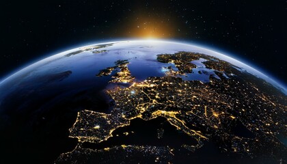 Foreground of the Earth as seen from a satellite, lights form a shape of global communication