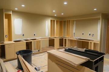 Contractors working on installing new kitchen cabinets in a modern home renovation project