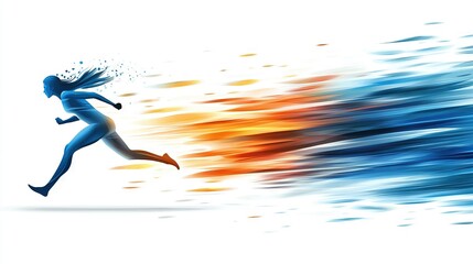 Naklejka premium A woman sprints past an orange-blue building filled with fire, ice, and billowing smoke