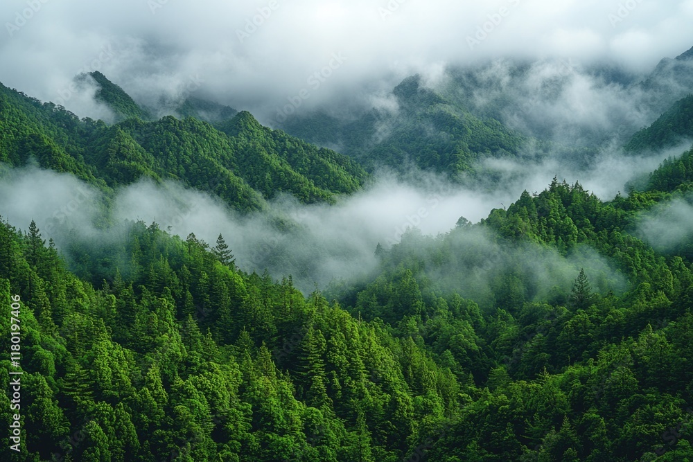 Poster a dense forest with numerous green trees