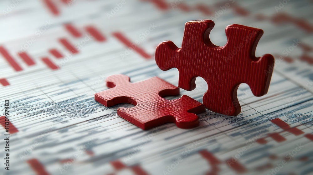 Poster red puzzle piece on a financial chart background, symbolizing problem-solving and strategy in market
