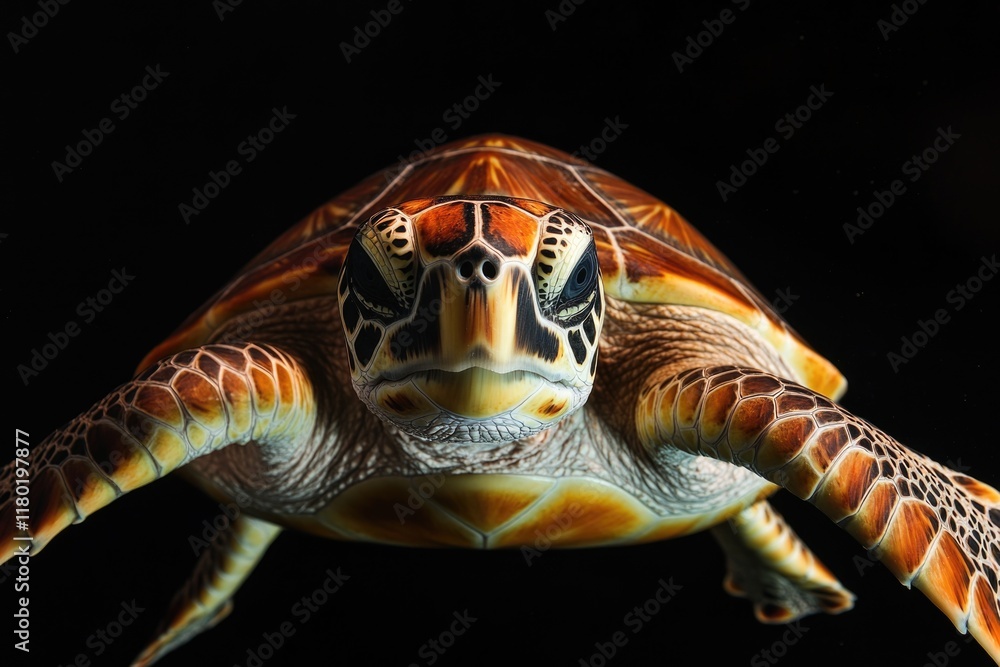 Poster A close-up view of a turtle's face and shell on a dark background