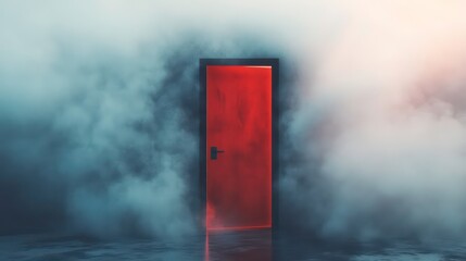 Red door emerges from mist, symbolizing innovation and creating fire escape concept.
