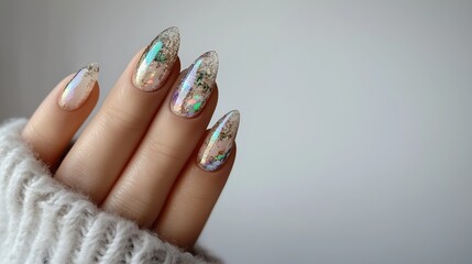 Photograph of sparkling nails with iridescent glitter and foil accents