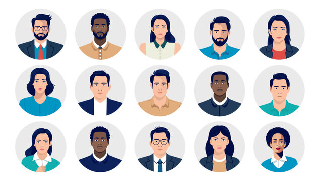 Vector people faces avatars and users collection - Set of illustrations with profile pictures of diverse people in various clothes and styles. Flat design in oval frame on white background