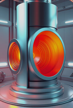 Fusion reactor. Toroidal chamber with a magnetic coil. device for carrying out a controlled thermonuclear reaction. 3d render, pop-art, with white tones