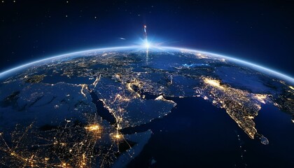Obraz premium Foreground of the Earth as seen from a satellite, lights form a shape of global communication