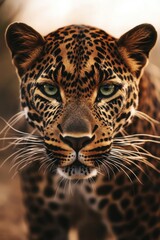 Fototapeta premium Close-up shot of a leopard's face featuring distinctive green eyes
