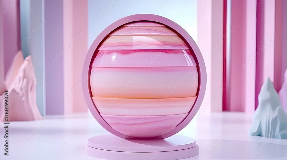 Sticker A colorful spherical object with layered pink hues, set against a soft pastel background, creating a whimsical and artistic atmosphere.