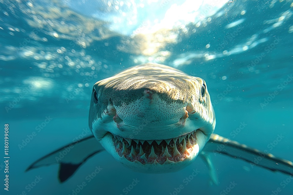 Poster a close-up view of a shark's mouth, showcasing its sharp teeth and open jaws