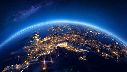 Foreground of the Earth as seen from a satellite, lights form a shape of global communication