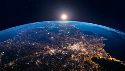 Obraz premium Foreground of the Earth as seen from a satellite, lights form a shape of global communication