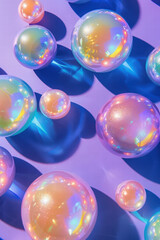 Colorful bubbles with reflections and shadows on purple background